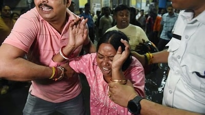 A woman breaks down at Kolkata Medical College, where those injured in the stampede at the Chorbagan Sarbojanin Durga Puja pandal have been brought for treatment, in Kolkata on Saturday. (ANI)