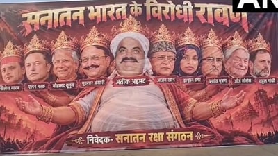 Elon Musk appeared among several political and international figures depicted as Ravana on Dussehra posters in Lucknow. (X/@ANINewsUP) Elon Musk appeared among several political and international figures depicted as Ravana on Dussehra posters in Lucknow. (X/@ANINewsUP)