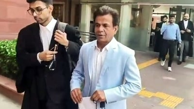 Actor Rajpal Yadav at the Supreme Court in connection with a cheque bounce case in which the Court had directed him to deposit ₹2 crore with the Supreme Court registry, in New Delhi on Wednesday. (ANI Video Grab) Actor Rajpal Yadav at the Supreme Court in connection with a cheque bounce case in which the Court had directed him to deposit ₹2 crore with the Supreme Court registry, in New Delhi on Wednesday. (ANI Video Grab)