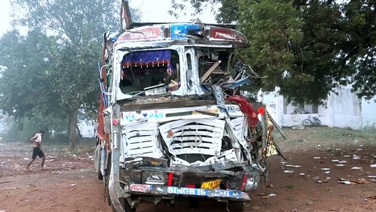 Visual of the crushed truck which ran over several people near Sheetla Mata Mandir, in Gwalior on Sunday.