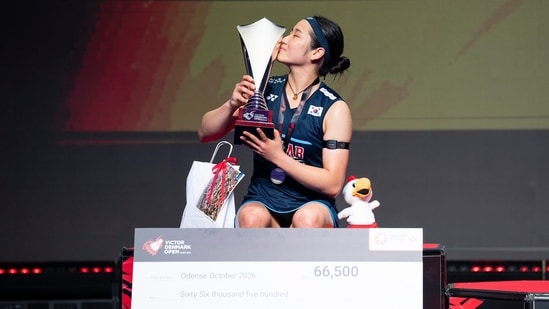 Winner An Se Young of South Korea celebrates winning the women's singles final at the Denmark Badminton Open in Odense, Sunday, Oct. 18