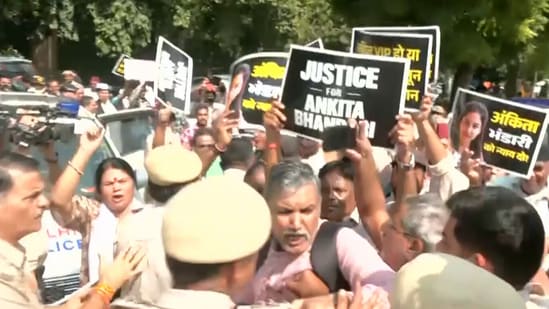 Protesters outside Patiala House court seeking justice in Ankita Bhandari murder case.