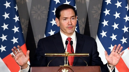 US Secretary of State Marco Rubio at a press conference on the India-US bilateral ties at Hyderabad House, New Delhi, on Sunday.