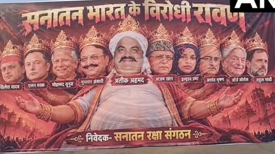 Elon Musk appeared among several political and international figures depicted as Ravana on Dussehra posters in Lucknow.