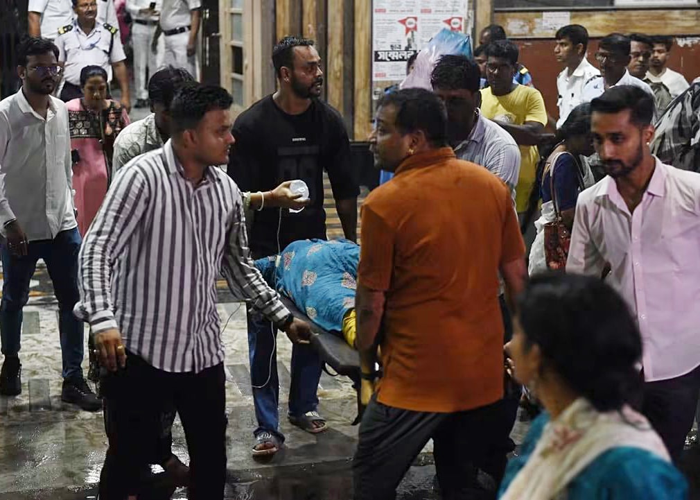 An injured person on a stretcher at Kolkata Medical College, following a stampede at the Chorbagan Sarbojanin Durga Puja pandal, in Kolkata on Saturday. (ANI) An injured person on a stretcher at Kolkata Medical College, following a stampede at the Chorbagan Sarbojanin Durga Puja pandal, in Kolkata on Saturday. (ANI)