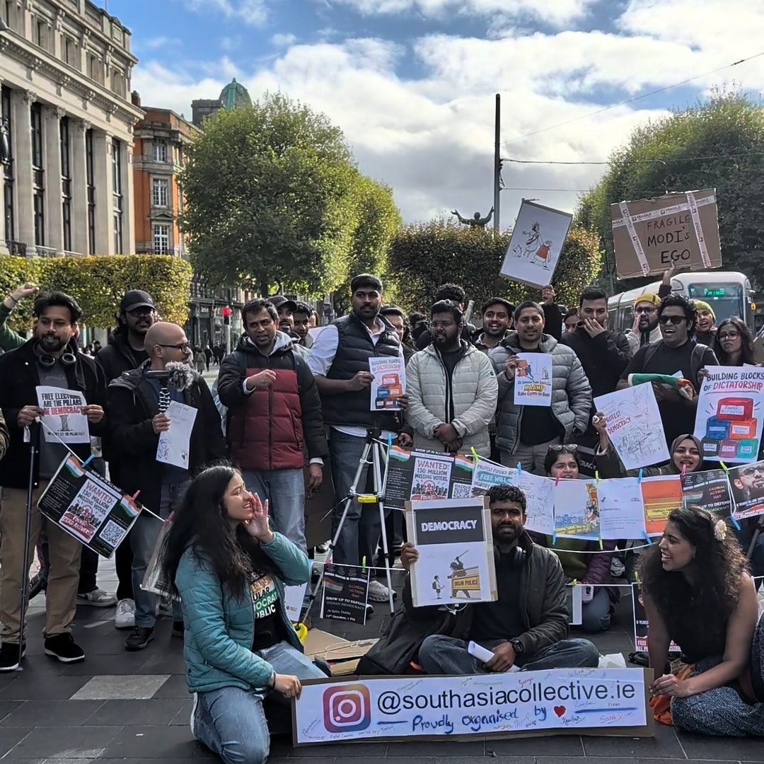 Protestors at the Spire in Dublin, Ireland. (Instagram/southasiacollective.ie)