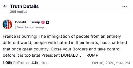 Trump blames 'immigration' for unrest in French cities. (@realDonaldTrump/Truth Social) Trump blames 'immigration' for unrest in French cities. (@realDonaldTrump/Truth Social)