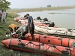 SDRF jawans during rescue operation after thirteen children, including nine girls and four boys, have died after a boat capsized in the Ganga River at Raghopur in Vaishali district, Bihar,