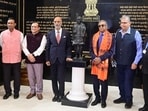 Justice Vikram Nath and others at the UPPSC headquarters in Prayagraj on Monday. (HT)