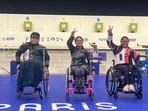 Avani Lekhara (centre) and Mona Agarwal (right) at Paris 2024.