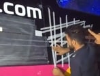 The windowpane of a bus being fixed after a stone struck it near Doraha in Ludhinaa district on Sunday night.