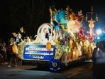 The annual Saijo festival features large floats decorated with sculptures representing flowers, birds and warriors.