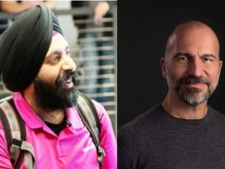 GoDaddy CEO Aman Bhutani (L), Uber CEO Dara Khosrowshahi (R)