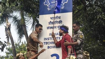 A protester being detained by the police during a joint protest by students and different political organisations demanding justice for deceased student Sahil Wakode, outside IIT campus in Mumbai on Sunday. (PTI)
