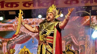 Actor Shahbaaz Khann brings Ravana to life on stage at Shri Dharmic Ram Leela Committee’s Ramlila in Old Delhi, which narrates the epic’s age-old victory of good over evil.