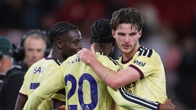 Arsenal's Declan Rice, right, and Arsenal's Noni Madueke celebrate. (AP Photo/Maddy Grassy) Arsenal's Declan Rice, right, and Arsenal's Noni Madueke celebrate. (AP Photo/Maddy Grassy)