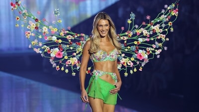 Bella Hadid opened the show with a high-impact seasonal ensemble.&nbsp; (REUTERS)