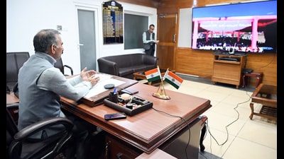 Himachal Pradesh chief minister Sukhvinder Singh Sukhu addresses the anti-chitta walkathon organised in the Shahpur assembly constituency via video conferencing, in Shimla on Monday. (@SukhuSukhvinder X)