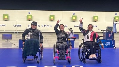 Avani Lekhara (centre) and Mona Agarwal (right) at Paris 2024. (PTI)