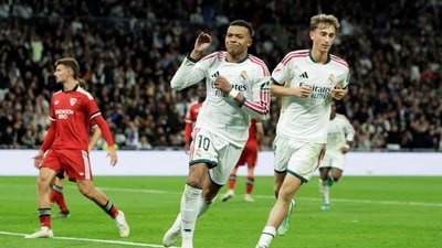 Real Madrid's Kylian Mbappe celebrates. (REUTERS)
