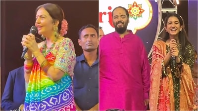 Nita Ambani and Radhika Merchant brought Gujarati Bandhani artistry and intricate craftsmanship to the Ambani family’s Navratri festivities. (Instagram) Nita Ambani and Radhika Merchant brought Gujarati Bandhani artistry and intricate craftsmanship to the Ambani family’s Navratri festivities. (Instagram)