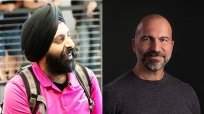 GoDaddy CEO Aman Bhutani (L), Uber CEO Dara Khosrowshahi (R) (LinkedIn) GoDaddy CEO Aman Bhutani (L), Uber CEO Dara Khosrowshahi (R) (LinkedIn)