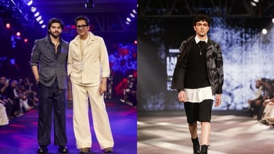 Pawan Sachdeva and Veer Pahariya; a model walking the show Pawan Sachdeva and Veer Pahariya; a model walking the show