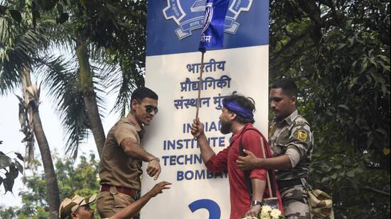 A protester being detained by the police during a joint protest by students and different political organisations demanding justice for deceased student Sahil Wakode, outside IIT campus in Mumbai on Sunday. (PTI)