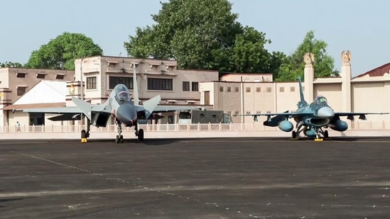 A view of an Indian Air Force Sukhoi Su-30 MKI and the Japan Air Self-Defense Force's Mitsubishi F-2 fighter jet during the bilateral air defence exercise Veer Guardian 2026. (ANI)