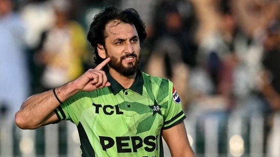 Pakistan's Salman Agha celebrates after scoring a century. 