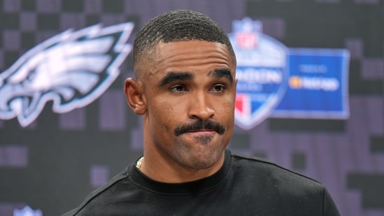Philadelphia Eagles quarterback Jalen Hurts (1) attends a press conference after an NFL football game against Jacksonville Jaguars in London, Sunday, Oct. 11, 2026. (AP Photo/Alastair Grant)