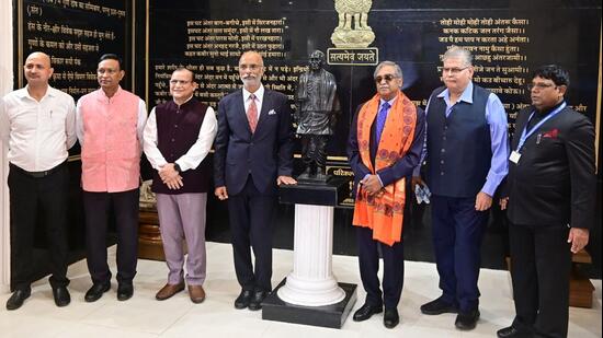 Justice Vikram Nath and others at the UPPSC headquarters in Prayagraj on Monday. (HT)