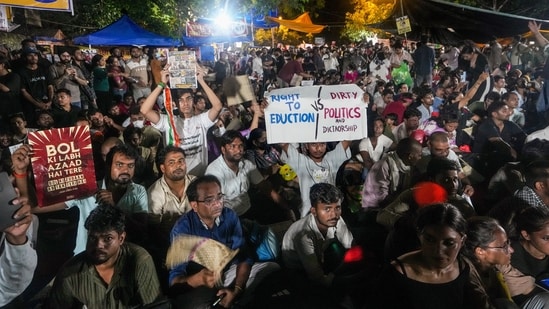 People participate in a protest against the alleged NEET-UG paper leak and examination irregularities at Jantar Mantar, in New Delhi. (PTI)