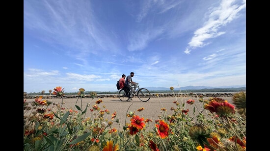 Two men cycle along the road near Sukhna Lake in Chandigarh on Monday. (Ravi Kumar/HT)