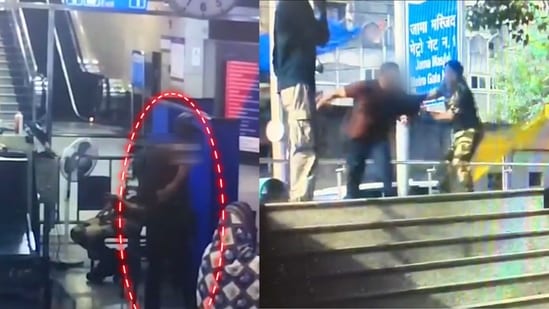 A CRPF personnel is seen taking the stairs, reaching the top before the passenger and apprehending him.