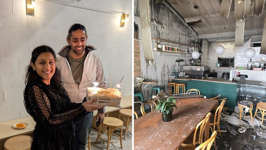 Ashish Sharma and Manali Purohit's cafe was left severely damaged in a firebombing attack targeting a nearby tobacco shop.