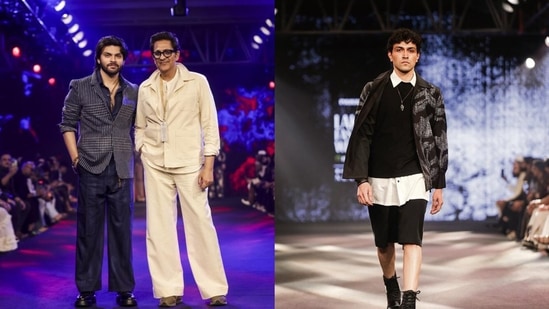 Pawan Sachdeva and Veer Pahariya; a model walking the show 