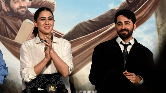 Bollywood actors Sara Ali Khan and Ayushmann Khurrana attend the trailer launch of their upcoming Hindi-language film 'Udta Teer' in Mumbai on September 23, 2026. (Photo by SUJIT JAISWAL / AFP)