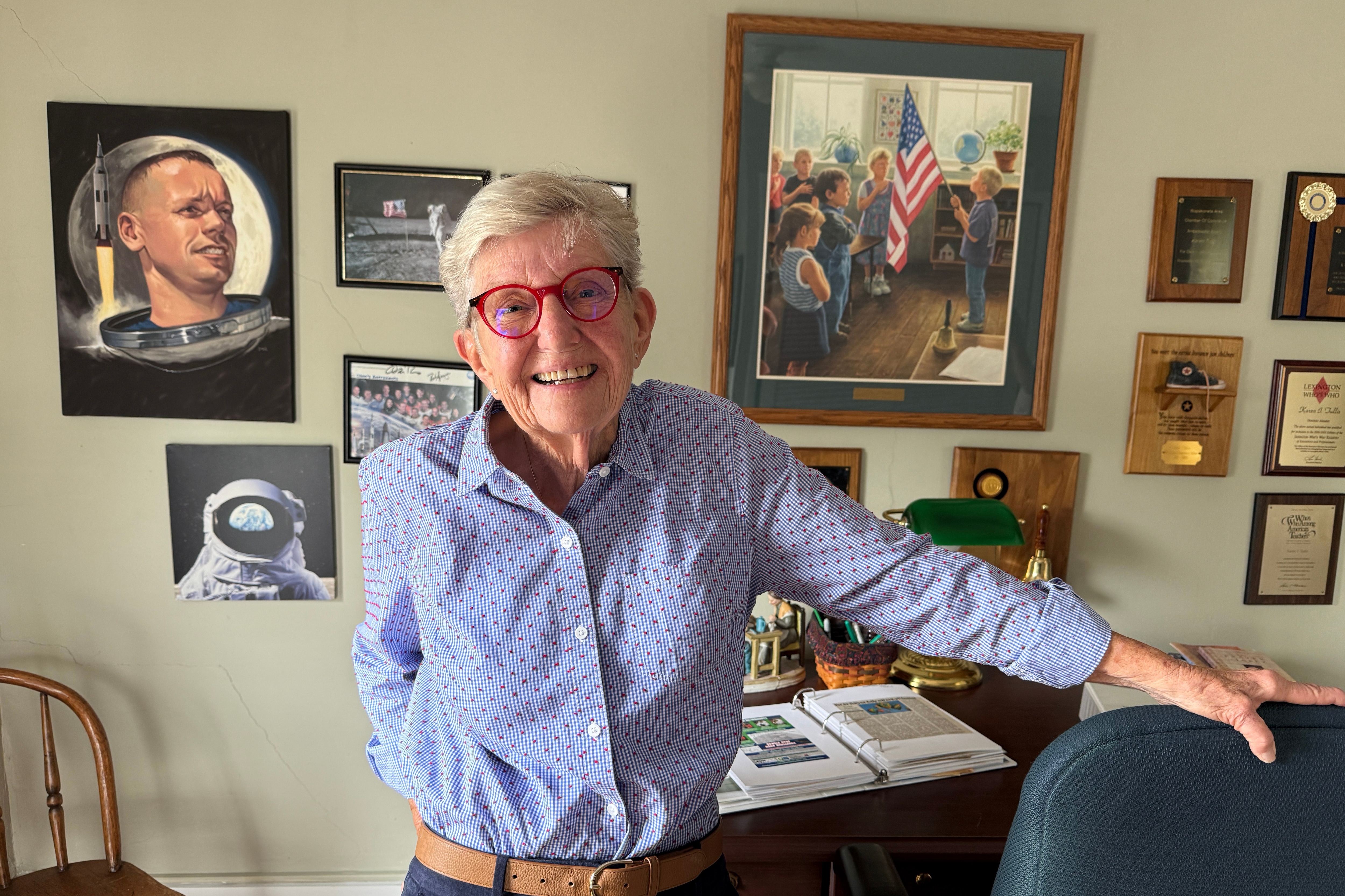 Karen Mikesell, owner of the home that Neil Armstrong once lived in, poses for a photo in the former bedroom of Armstrong Friday, July 31, 2026, in Wapakoneta, Ohio. (AP Photo/Patrick Aftoora-Orsagos) (AP Photo/Patrick Aftoora-Orsagos)