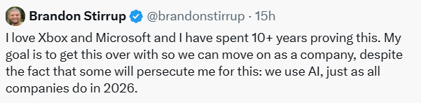 Brandon Stirrup admitted widespread AI-usage in the gaming industry. (Brandon Stirrup/ X)