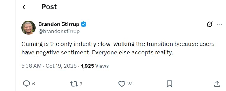Top X box executive Brandon Stirrup made a series of explosive comments about AI use in gaming industry. (Brandon Stirrup/ X)