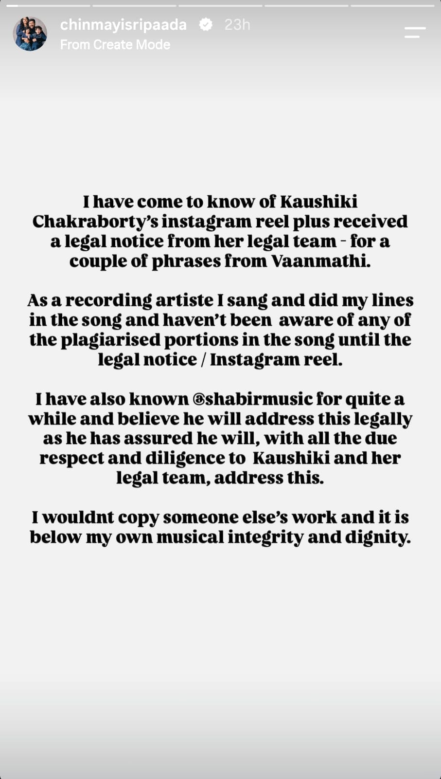 Chinmayu Sripaada reacts to plagiarism claims. Chinmayu Sripaada reacts to plagiarism claims.