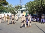 Security higentens outside the residence of Manipur Chief Minister Yumnam Khemchand Singh amid protests