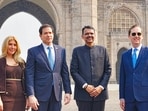 Maharashtra Chief Minister Devendra Fadnavis poses for a picture with U.S. Secretary of State Marco Rubio, his wife, Jeanette Dousdebes Rubio and U.S. Ambassador to India Sergio Gor at the Gateway of India, in Mumbai on Tuesday.

