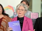 Independent member for Indi Helen Haines speaks at a press conference alongside frontline community legal workers at Parliament House in Canberra, Australia, October 14, 2026. (AAP/Mick Tsikas/ via REUTERS)