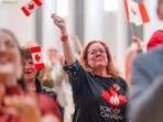 Attendees react during a Forever Canadian referendum night event in Edmonton, Alberta, Canada, on Monday. (Bloomberg)