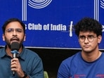 Cockroach Janta Party (CJP) co-conveners Saurav Das and Ashutosh Ranka during a press conference in New Delhi.(PTI)