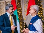 External affairs minister S Jaishankar interacts with UAE foreign minister Sheikh Abdullah bin Zayed Al Nahyan upon his arrival in India, in Mumbai (@DrSJaishankar X)