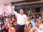 Goa chief minister Pramod Sawant during the Seva Jyoti Yatra following the Viksit Bharat Sankalp Sabha at Hanuman Natya Gruha in Mapusa, commemorating 25 years of Prime Minister Narendra Modi’s public service. (@DrPramodPSawant X/FILE PHOTO)