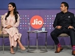 Isha Ambani, director at Jio Platforms Ltd., and Akash Ambani, managing director of Jio Platforms Ltd., during a Jio Platforms Ltd. news conference ahead of the company's listing ceremony.